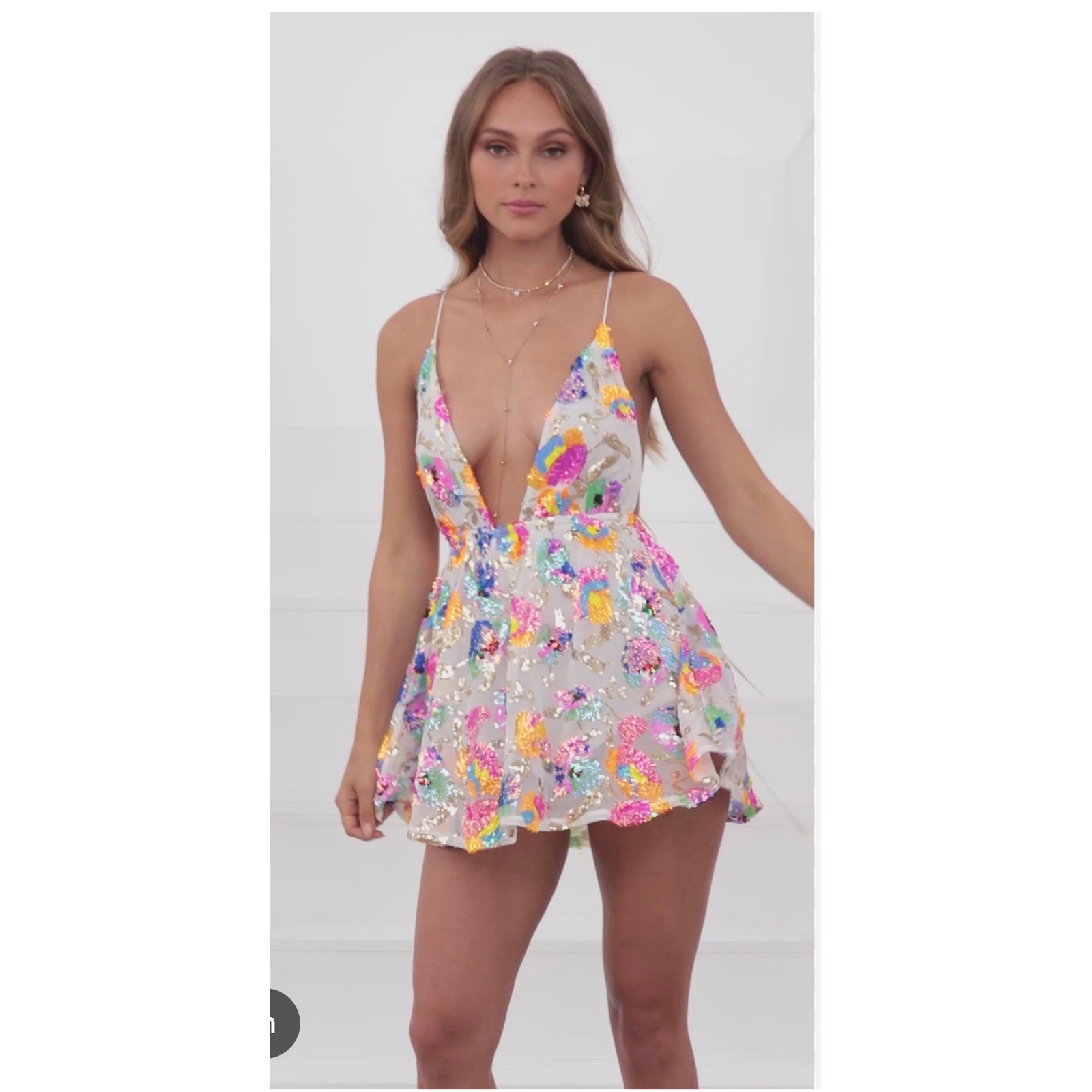 Lucy In The Sky Floral Sequin Mini Dress White Multi Color Plunge Neck Small C18